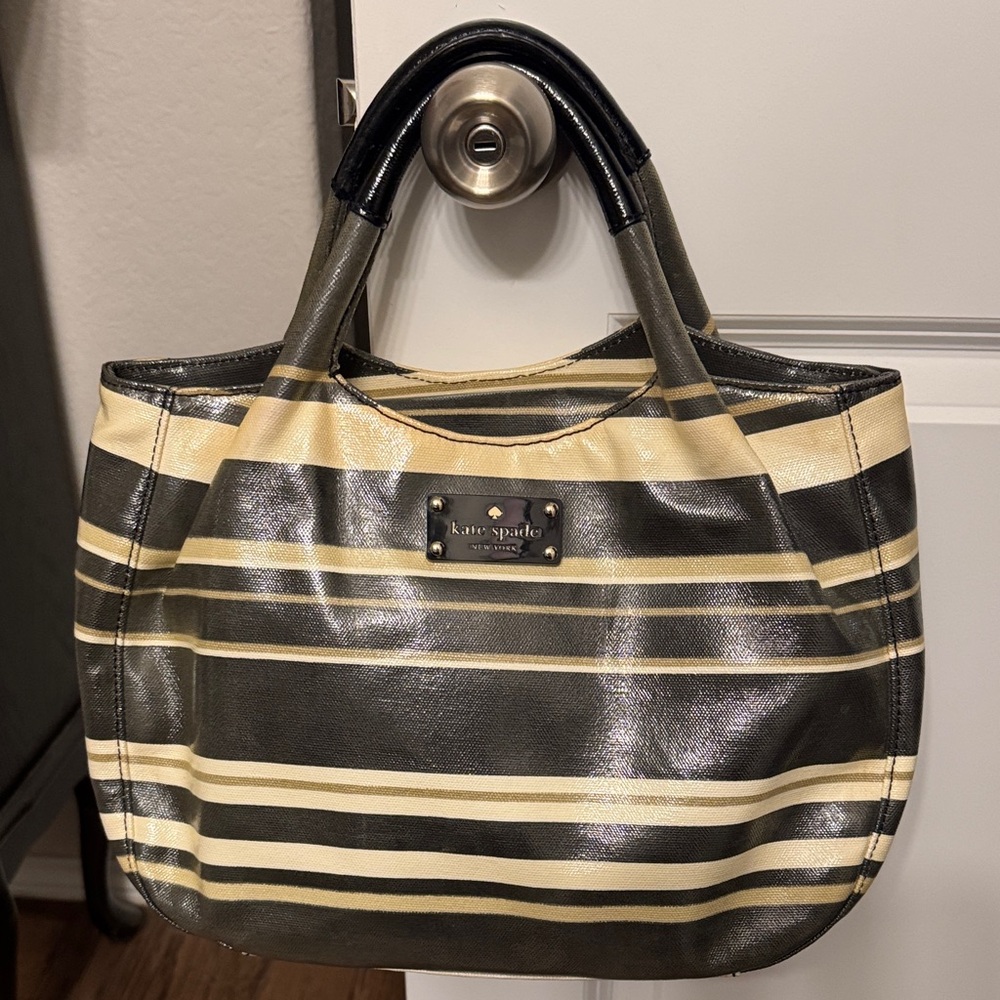 Kate Spade green and Cream Striped Tote